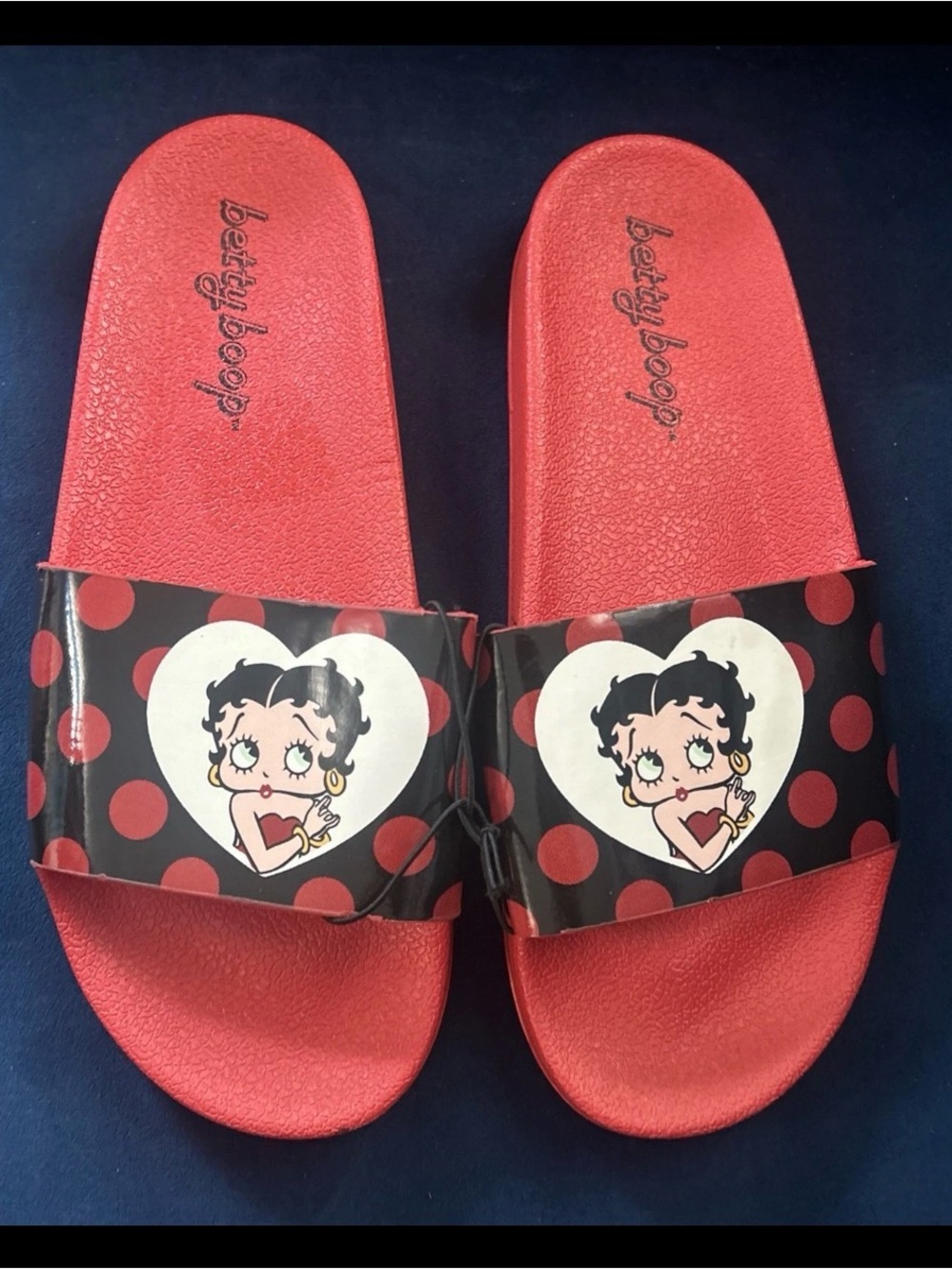 Betty Boop Slides Sandals Slip On Retro Polka Dots Red Black White Heart Size 10